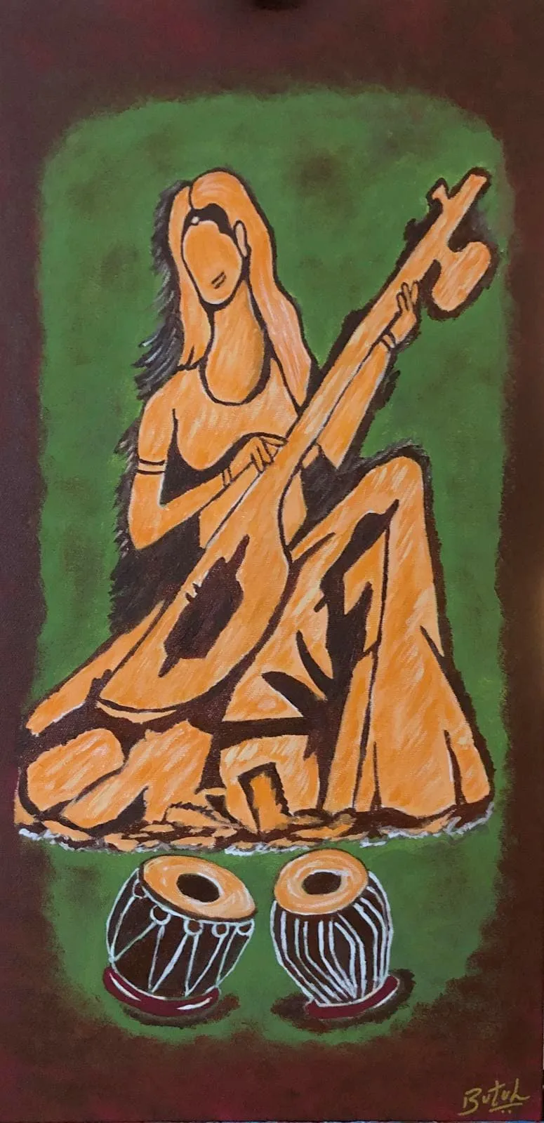 Artistic illustration of a musician playing a stringed instrument with tabla drums